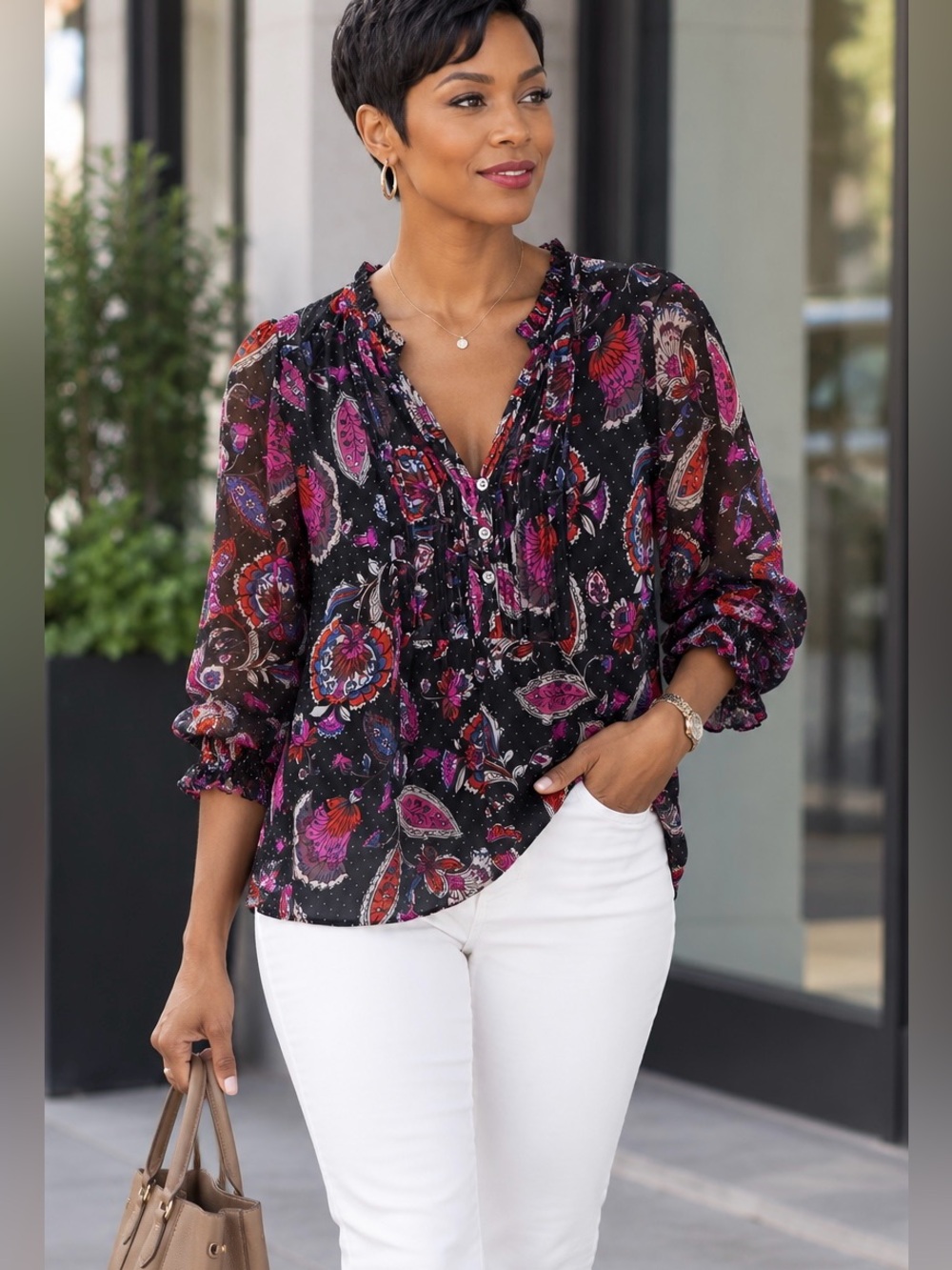 Women’s Black Paisley Ruffle V-Neck Blouse - Lined